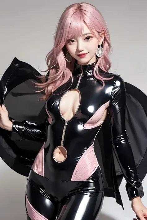 (8K, top-quality, masterpiece:1.2), ( Super Detail), (One girl), (beautifully detailed eyes), (of the highest quality), ((pink hair,)), blunt bangs, curly hair, medium breasts, clothed, Perfect Lighting, BREAK, (Beautiful circular print glossy rubber suit:...