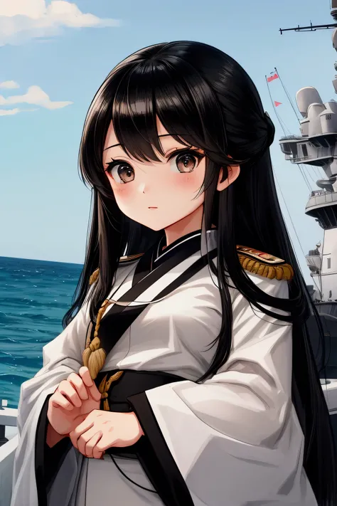 Chibi、Female admiral、Japanese、 long straight black hair、naval salute、White Uniform