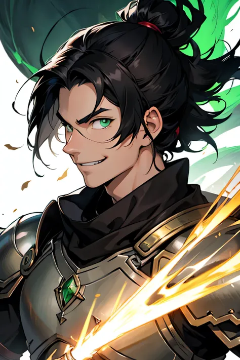 man, black hair, green eyes, anime style, light armor, RPG, strong, smile, kingdom background