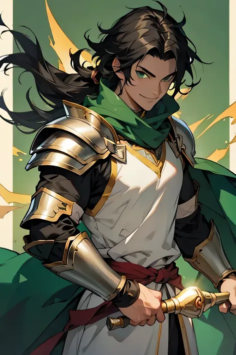 man, black hair, green eyes, anime style, light armor, RPG, strong, smile, kingdom background