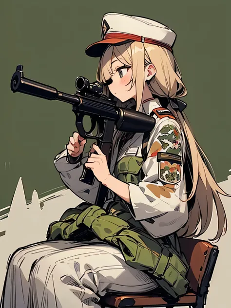 sideview,Alone,upperbody, military cap、Camouflage、Hunting rifle、Get Ready、銃をGet Ready、Take aim、Close one eye、Shoot a deer、seated position 、Hunting、Mountain、(manga style),(sketch),(illustration),