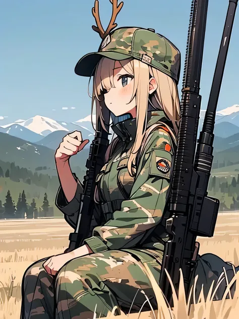 sideview,Alone,upperbody, military cap、Camouflage、Hunting rifle、Get Ready、銃をGet Ready、Take aim、Close one eye、Shoot a deer、seated position 、Hunting、Mountain、(manga style),(sketch),(illustration),