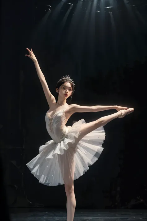 神秘的な湖の上でmoonlightを浴びて優雅にBalletを踊るプリマドンナの少女、Arabesque Pose、、1 girl、(A gorgeous and delicate white tutu)、 Braided Hair、Black Hair、Beautiful legs、Ballet トウシューズ、whole body、From below、Ballet、Swan Lake、Forest Lake 、moonlight、 Fantasy 、 dramatic lighting 、Glitter...