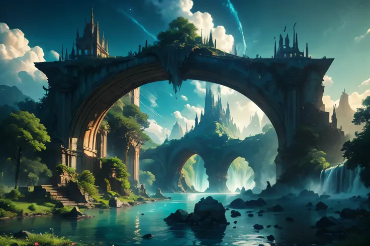 8K resolution, surreal, Super detailed, high quality, fantastical city, towering archways and bridges, cascading waterfalls, ancient ruins, lush greenery, winding river, blue skies with fluffy clouds, detailed stone structures, scenic landscapes, mix of na...