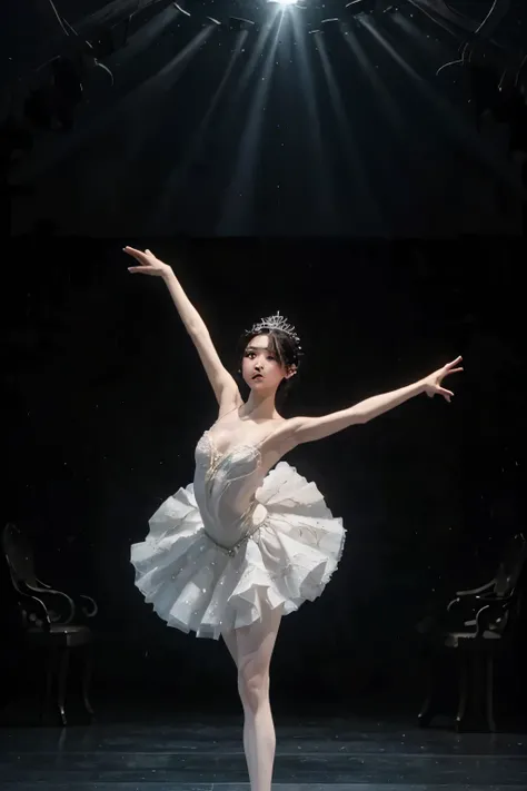 神秘的な湖の上でmoonlightを浴びて優雅にBalletを踊るプリマドンナの少女、Arabesque Pose、、1 girl、(A gorgeous and delicate white tutu)、 Braided Hair、Black Hair、Beautiful legs、Ballet トウシューズ、whole body、From below、Ballet、Swan Lake、Forest Lake 、moonlight、 Fantasy 、 dramatic lighting 、Glitter...