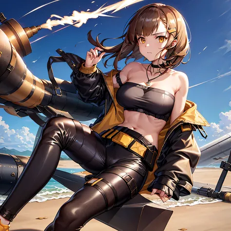 (firewhistle (arknights), fwcannon), weapon, huge weapon, 1girl, single person, solo, jacket, short hair, bare shoulders, open clothes, painful facial expression, shy, necklace, open jacket, hair ornament, bangs, medium large breasts, off shoulder, bandeau...