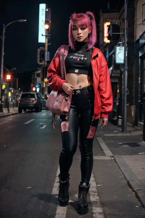 beautiful little eurasian woman 26 years old, warrior, wearing red pull over, and blue legging, military boots, walking in cyberpunk city street at night, ultra realistic. She has a punk haircut, hairs are pink color, with jewelry, and nose and eyebrow pie...