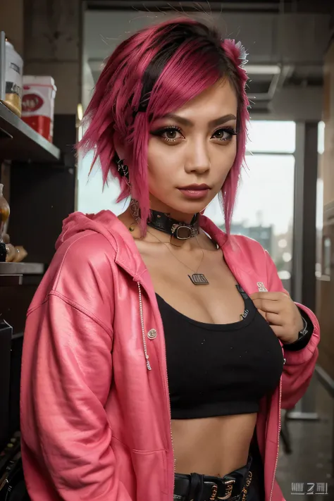 large portrait of a beautiful little eurasian woman 26 years old, cyberpunk, She has a punk haircut, hairs are pink color, with jewelry, and nose and eyebrow piercings, sarcastic expression, wearing red pull over