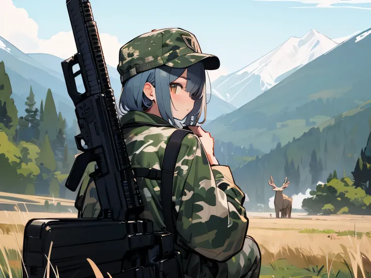 from behind,alone,upperbody, military cap、camouflage、holding a 猟銃, focused 猟銃、Get Ready、銃をGet Ready、Take aim、Close one eye、Shoot a deer、seated position 、Hunting、Mountain、(manga style),(sketch),(illustration),