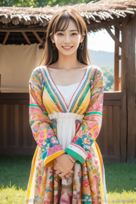 (((Colorful clothes))),The woman stands in the middle of a rural festival, her joyful smile matching the festive atmosphere. She wears an outfit inspired by traditional harvest celebrations, adding a touch of history to her modern elegance. The setting fea...