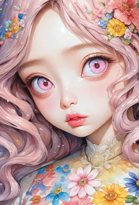 A young japanese woman, beautiful detailed eyes, beautiful detailed lips, extremely detailed eyes and face, long eyelashes, woman wearing a flowery dress, pastel painting, oil stick painting, thick coating, texture, inspired by the illustrative style of fr...