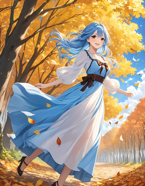  brown and yellow long dress  　 cute girl 　long light blue hair 、Charming smile　 black eyes　A picture of some fallen leaves fluttering in the fall foliage forest　White clouds in the blue sky、 dress and hair fluttering in the wind 　Facial highlights