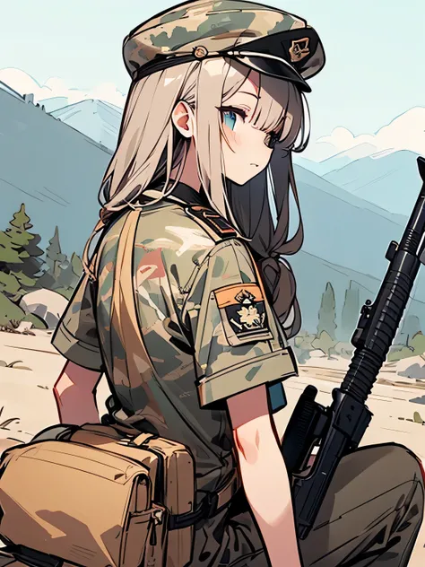 from behind,Alone,upperbody,looking away:1.3, military cap、Camouflage、holding a hunting gun, focused hunting gun、Get Ready、hunting gun Get Ready、Take aim、Close one eye、Shoot your prey with a hunting gun、seated position 、Hunting、Mountain、(manga style),(sket...