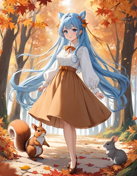 ((Best Quality)), ((masterpiece)), ((Ultra-detailed)), (  so delicate and beautiful ),  Light Blue Long Hair、 A girl with a beautiful twin-tail hairstyle 、 Brown dress、Bright autumnal forest、Autumn leaves are carpet 、 Friends in the forest are watching ove...