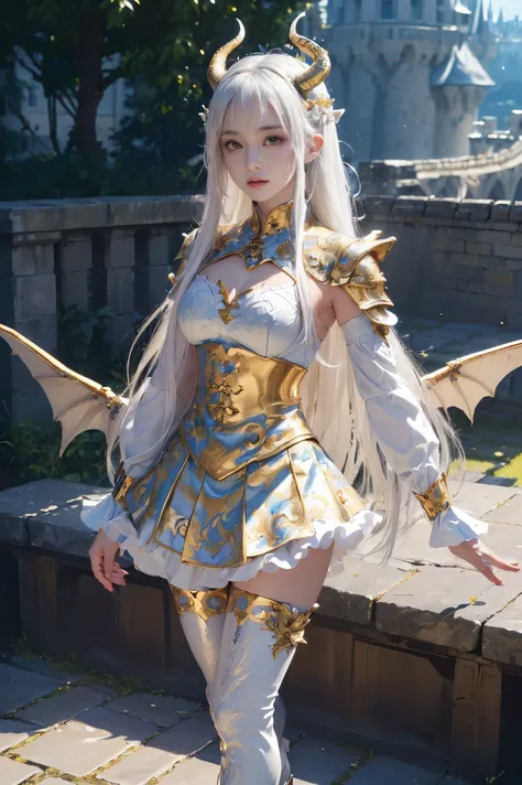 (Absurdly,high quality ,  very detailed,32K、High image quality、Ultra HD、Golden ratio face、One woman、View the photographer)、(((White Dragon Queen、Huge horns and wings)))、((( Detailed and Beautiful Versatile Dragon Armor Costumes、empty chest costume、mini ski...