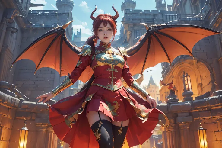 (Absurdly,high quality ,  very detailed,32K、High image quality、Ultra HD、Golden ratio face、One woman、View the photographer)、(((Ponytail 1.5)))、(((Red Dragon Queen、Huge horns and wings)))、((( Detailed and Beautiful Versatile Dragon Armor Costumes、mini skirt)...