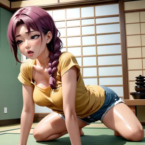 mouth wide open and orgasmic face, see-through, tatami japanese room, white shorts (kneeling posture, crawling position) realist...