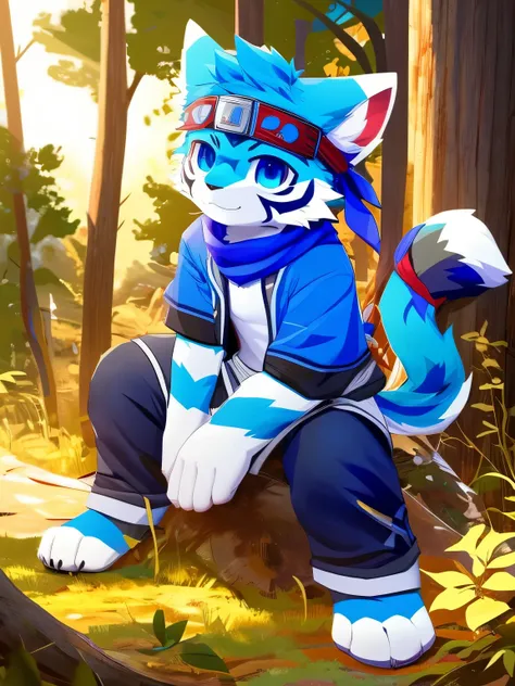 Single，nj5furry，kemono，full-length portrait，anthro，hi res，male，Blue Tiger，Blue fur，strong，Fluffy hair，warrior，blue headband，Blue scarf，Blue Jacket，Blue shorts，shin guard，A tail， white plush paws， blue eyes， with delicate eyes ，A detailed eye