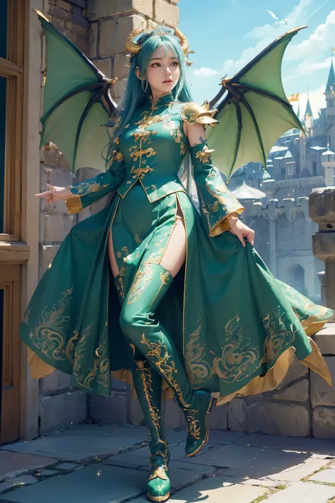 (Absurdly,high quality ,  very detailed,32K、High image quality、Ultra HD、Golden ratio face、One woman、View the photographer)、(((Green dragon queen flying in the sky、Huge horns and wings)))、((( Detailed and Beautiful Versatile Dragon Armor Costumes、 Long Skirt、Add Embroidery )))、(((Dragon patterned pantyhose and boots)))、(((Perfect limbs)))、(masterpiece, 最high quality, 最high quality, Official Art, Beauty and aesthetics: 1.2)、(((soft light、Sparkling、Castle Background))