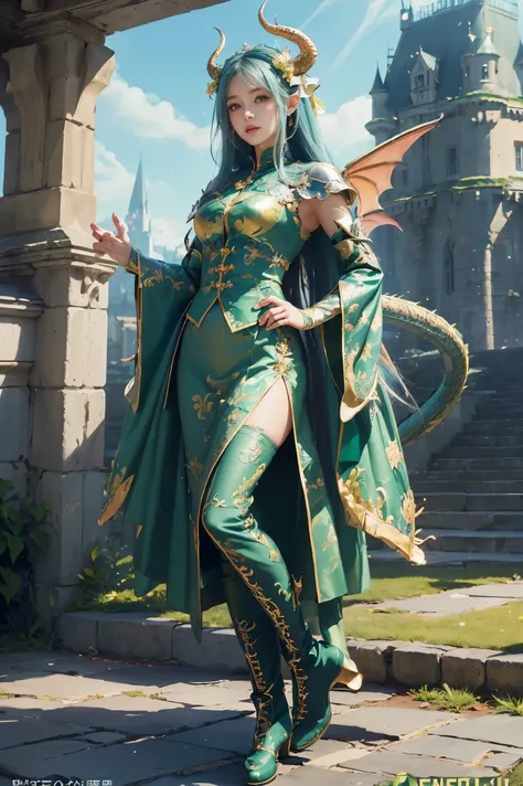 (Absurdly,high quality ,  very detailed,32K、High image quality、Ultra HD、Golden ratio face、One woman、View the photographer)、(((green dragon queen、Huge horns and wings)))、((( Detailed and Beautiful Versatile Dragon Armor Costumes、 Long Skirt、Add Embroidery )))、(((Dragon patterned pantyhose and boots)))、(((Perfect limbs)))、(masterpiece, 最high quality, 最high quality, Official Art, Beauty and aesthetics: 1.2)、(((Standing posture、soft light、Sparkling、Castle Background)))