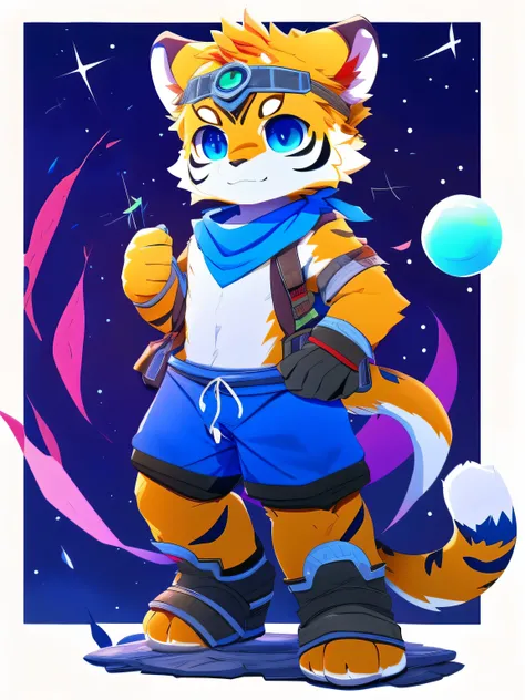 Single，nj5furry，kemono，full-length portrait，anthro，hi res，male，Blue Tiger，Blue fur，strong，Fluffy hair，Adventurer，blue headband，Blue scarf，Blue top，Blue shorts，Metal Greaves，A tail， white plush paws， blue eyes， with delicate eyes ， Detailed Eyes 