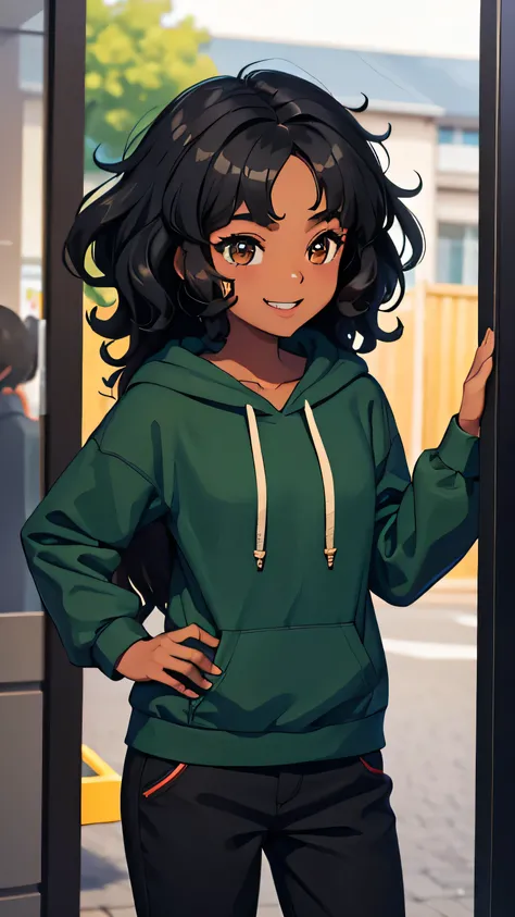 Black woman, black woman, by black, curly hair, wavy hair, shoulder length hair, big smile, small nose, Bella, friendly, small eyes, green hoodie, pants, full shot