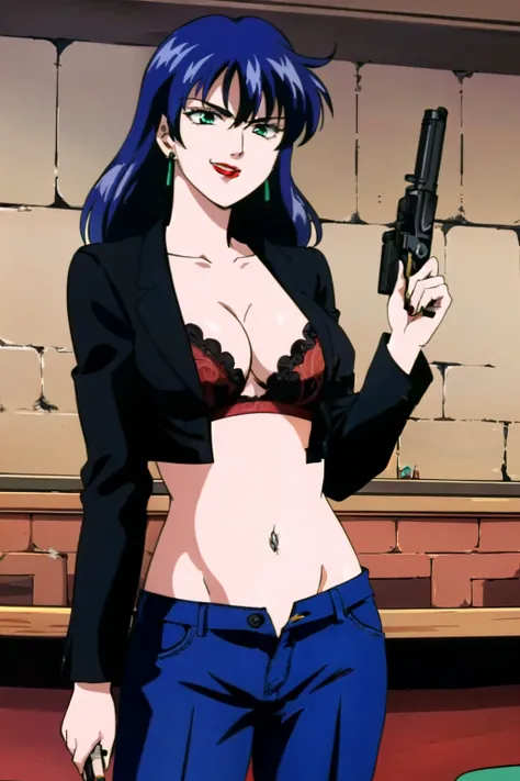 1girl,,retro artstyle,1990s (style),shan,blue hair,green eyes,lipstick,long hair,earrings,makeup, evil grin,, long hair, earrings, red lips, large breasts, ear piercing, long hair, blush, lipstick,Hot girl, baddie, smoking, sensual, attractive , bar backgr...