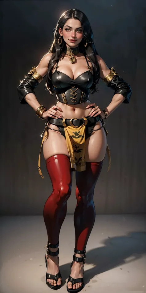 ((Masterpiece, plain background,1:2, masterpiece)) full body standing with separate yellow tiger print stockings thighs and sleeves, yellow tiger bikini print, hands on waist, navel, lustful smirking smiling, smile face (red blushed, red cheeks) armbands, ...