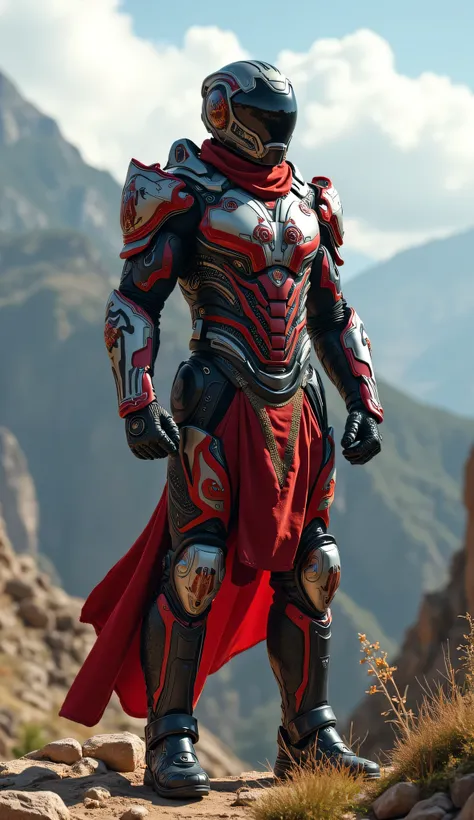 "Ultra realistic superhero inspired by Marvel-style characters, wearing a modernized and tactical armor suit, blending the rich cultural elements and mythology of Georgia. The superheros armor features sleek, high-tech design elements, combined with tradit...