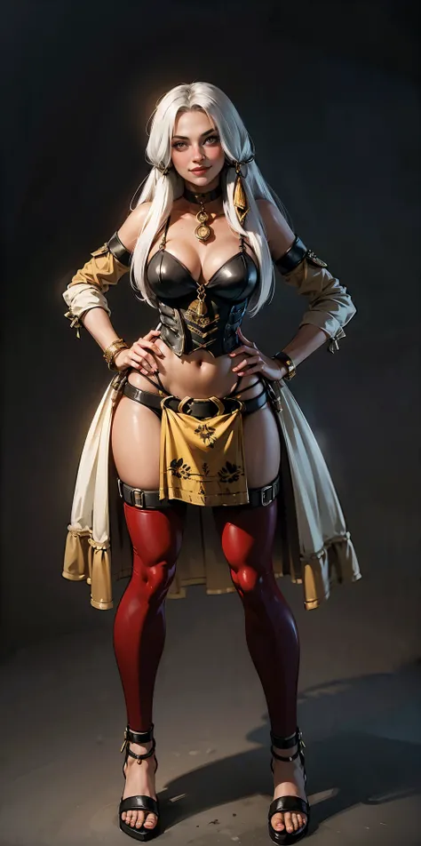 ((Masterpiece, plain background,1:2, masterpiece)) full body standing with separate yellow tiger print stockings thighs and sleeves, yellow tiger bikini print, hands on waist, navel, lustful smirking smiling, smile face (red blushed, red cheeks) armbands, ...