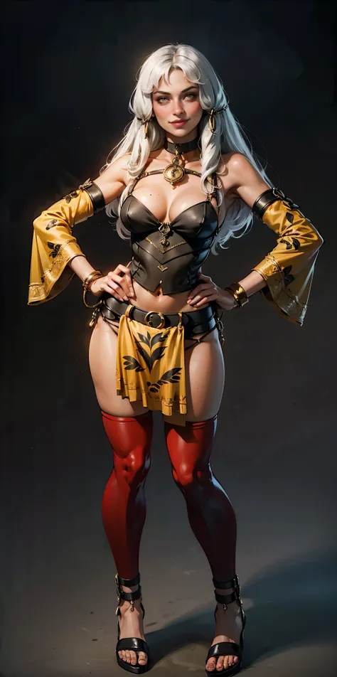 ((Masterpiece, plain background,1:2, masterpiece)) full body standing with separate yellow tiger print stockings thighs and sleeves, yellow tiger bikini print, hands on waist, navel, lustful smirking smiling, smile face (red blushed, red cheeks) armbands, ...