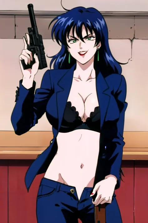 1girl,,retro artstyle,1990s (style),shan,blue hair,green eyes,lipstick,long hair,earrings,makeup, evil grin,, long hair, earrings, red lips, large breasts, ear piercing, long hair, blush, lipstick,Hot girl, baddie, smoking, sensual, attractive , bar backgr...