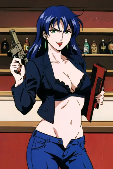 1girl,,retro artstyle,1990s (style),shan,blue hair,green eyes,lipstick,long hair,earrings,makeup, evil grin,, long hair, earrings, red lips, large breasts, ear piercing, long hair, blush, lipstick,Hot girl, baddie, smoking, sensual, attractive , bar backgr...