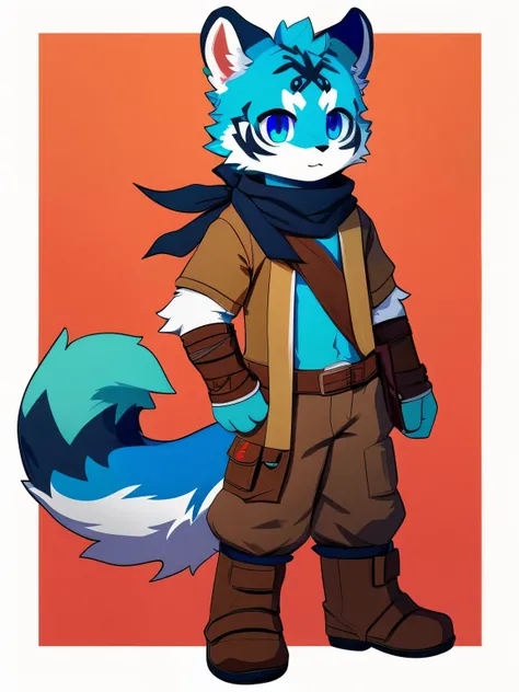 Single，nj5furry，kemono，full-length portrait，anthro，hi res，male，Blue Tiger，Blue fur，strong，Fluffy hair，Adventurer， black scarf，Brown top，Brown trousers，brown wrist brace ，Metal Greaves，A tail， white plush paws，Blue pupils， with delicate eyes ， Detailed Eyes...