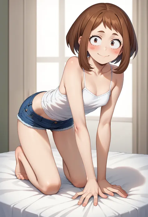 adult content, explicit content, horikoshi kouhei, 1girl, uraraka ochako, on her hand and knees on a bed, doggystyle, wearing bl...