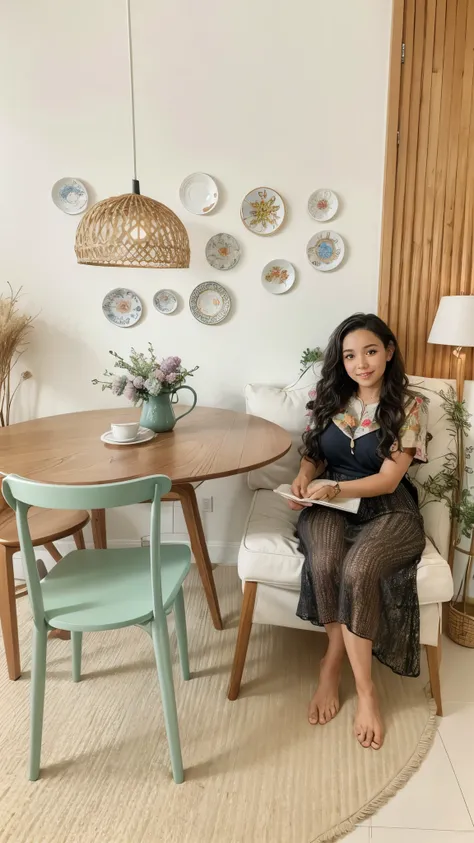  Wall with decorative plates  , table with chairs  ,  mixed race girl with wavy hair ,  sausage dog in her lap  