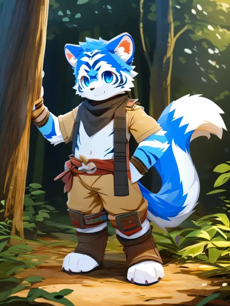 Single，nj5furry，kemono，full-length portrait，anthro，hi res，male，Blue Tiger，Blue fur，strong，Fluffy hair，Adventurer，Black scarf，Brown top，Brown trousers，Metal Greaves，A tail， white plush paws，Blue pupils， with delicate eyes ， Detailed Eyes 