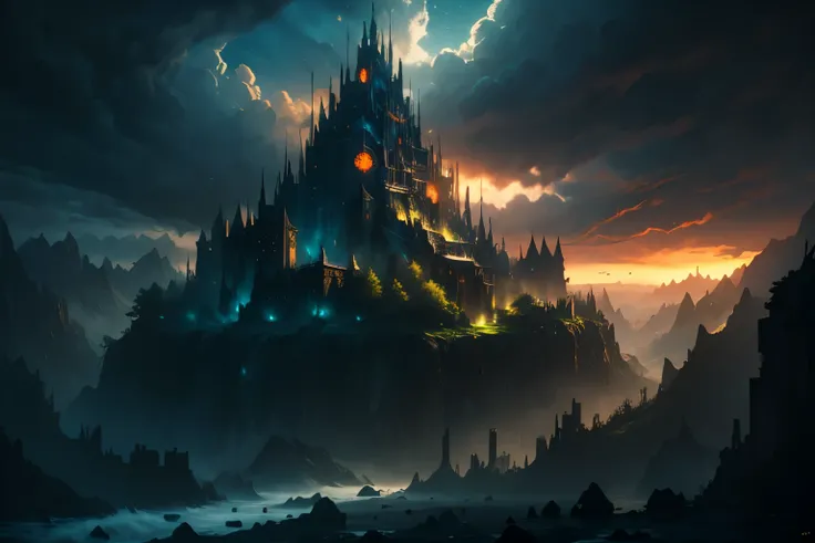 (masterpiece, best quality, CG, 4k, extremely detailed, hyper realism), (dark fantasy:1.3), mountain fortress, night, shadowmancer fortress, dark fortress environment, dark fortress background, medieval dark fantasy, dark fantasy style, dark fantasy artwor...