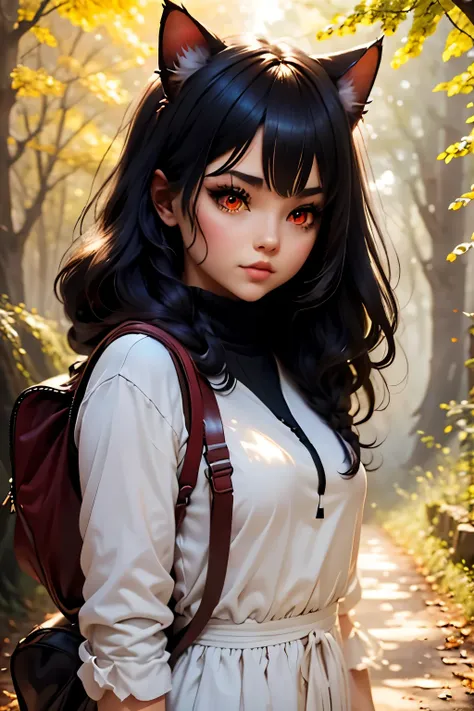 1 chica junkotvv black hair, cat ears, red eyes, en un camino a través del bosque., niebla, paisaje otoñal, sunlight filtering t...