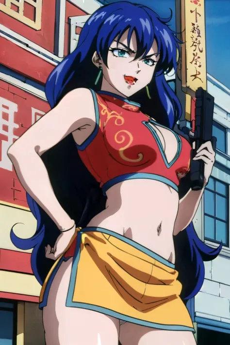 1girl,,retro artstyle,1990s (style),shan,blue hair,green eyes,lipstick,long hair,earrings,makeup, evil grin,, long hair, earrings, red lips, large breasts, ear piercing, long hair, blush, lipstick,Hot girl, baddie, smoking, sensual, attractive , masterpiec...