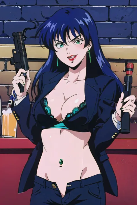 1girl,,retro artstyle,1990s (style),shan,blue hair,green eyes,lipstick,long hair,earrings,makeup, evil grin,, long hair, earrings, red lips, large breasts, ear piercing, long hair, blush, lipstick,Hot girl, baddie, smoking, sensual, attractive , bar backgr...