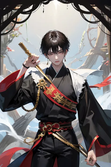 jean (Jin)

Prompt: "A 16-year-old boy ,  black hair that reaches his shoulders and sharp eyes .  wears a traditional oriental costume with ,  holding energy mixed with light and dark in one hand . . ,  is standing in front of an ancient temple deep in the...