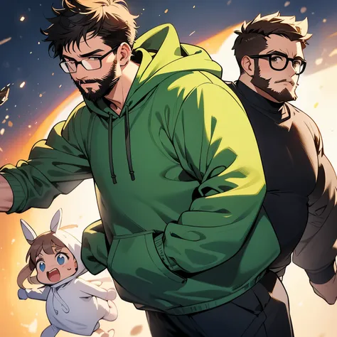 One man, White man, short beard, short hair,  brushed to the side, brown hair, with glasses, green hoodie, pants, 80kg,  moles on body ,  high resolution 