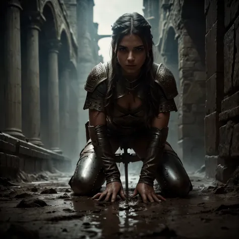 a girl kneeling on the ground, supporting herself on her sword, the ground covered in mud and signs of battle, beautiful detailed eyes, beautiful detailed lips, extremely detailed eyes and face, long eyelashes, dramatic lighting, cinematic camera angle, fa...