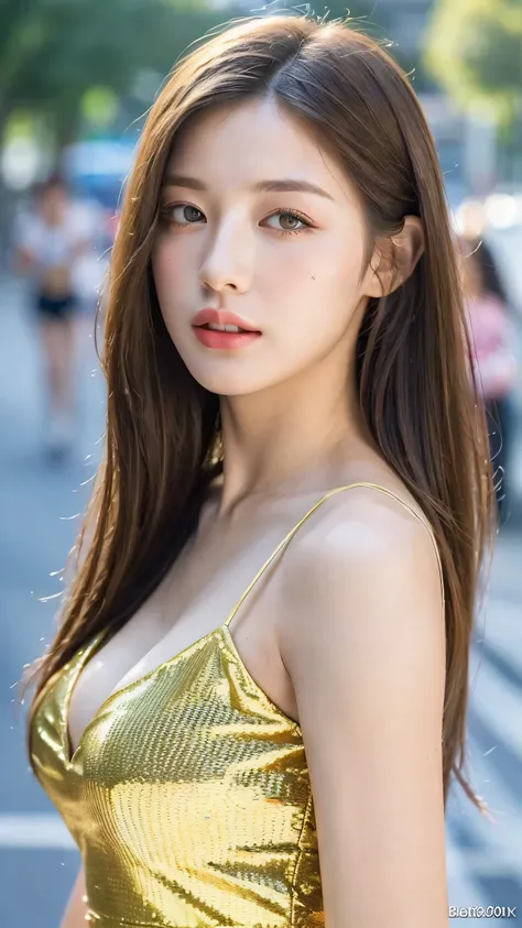 ((Best Quality, 8k, masterpiece:1.3))， 1 girl，18 years old，，Realistic texture:1.3，(Background Blur:1.3)，Gorgeous long dress，Tall and slim:1.2，(Hot summer weather)，（street:1.3），  Highly Detailed Face and Skin Textures ，Beautiful eyes，Long eyelashes，Double E...