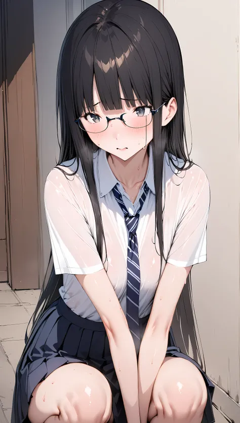 ((masterpiece,Best Quality:1.3,best quality illustrations)),portrait,cowboy shot,1 woman,adult,straight long hair,black hair,(very small head), long bangs between eyes,gray eyes,(gorgeous eyes,Black-rimmed glasses),shy,very long body,(School uniform、collar...