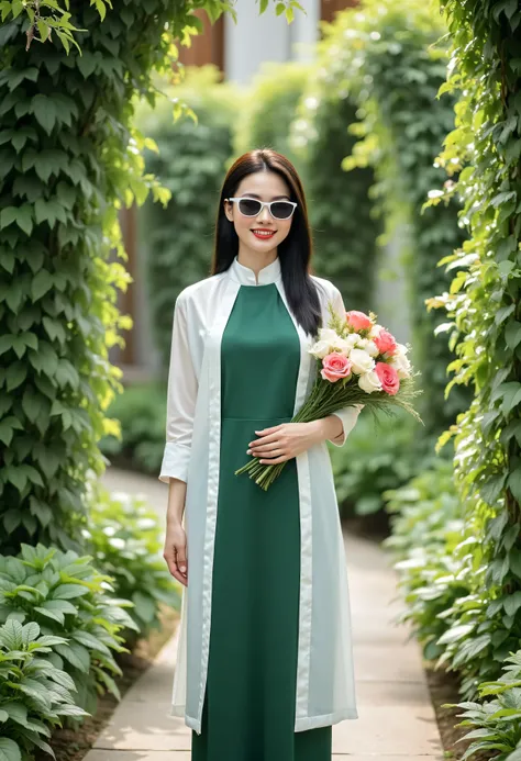 Photography, realistic, cowboy shot of a Asian girl wearing a green dress and pant standing in a Garden, she has pretty lipstick, she is smiling, she wearing sunglasses, she holding a bouquet, wearing the traditional white áo dài of Vietnam