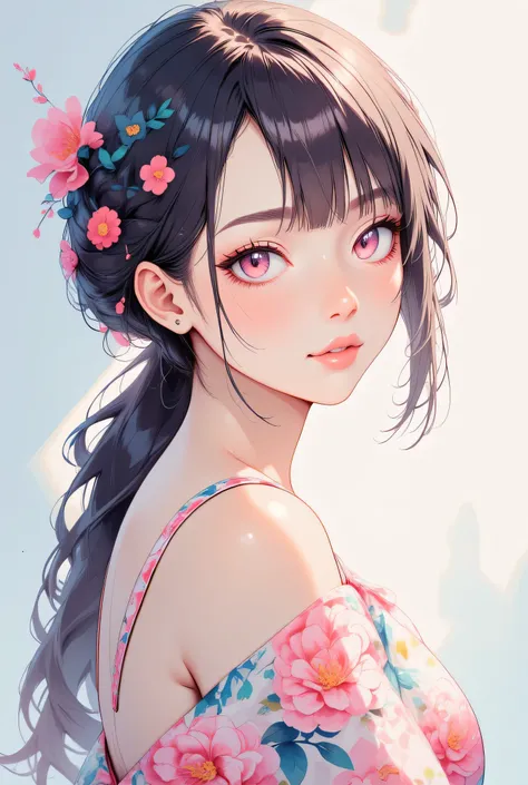 A young japanese woman, beautiful detailed eyes, beautiful detailed lips, extremely detailed eyes and face, long eyelashes, woman wearing a flowery dress, pastel painting oil stick painting, thick coating, texture, inspired by the illustrative style of fre...