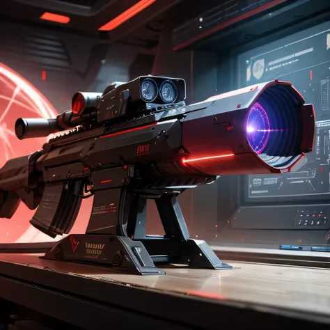 Futuristic laser assault rifle with red vortex positioned on a ,  table in a command-base setting in the arsenal with cutting-edge technology and control panels 