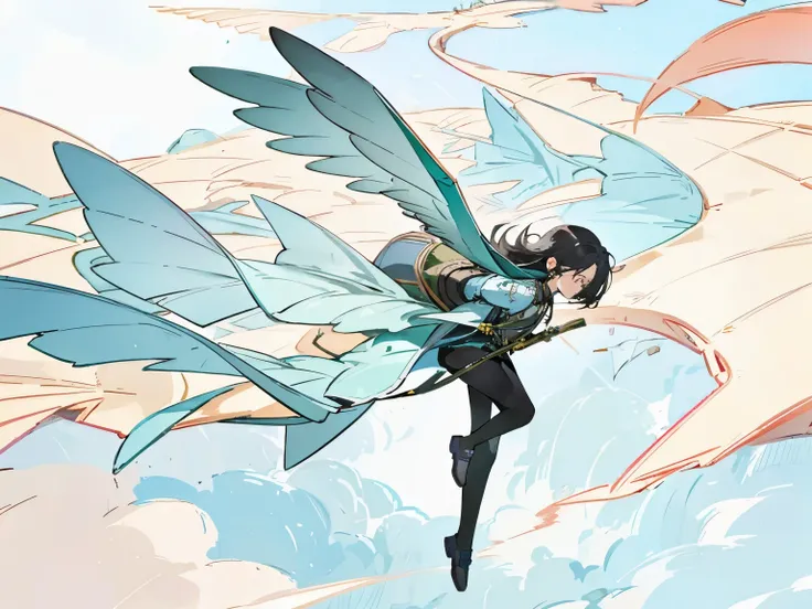 1 girl、fly in the sky with a bird-shaped glider、alone、highest quality、 high resolution 、masterpiece、wallpaper、8k、